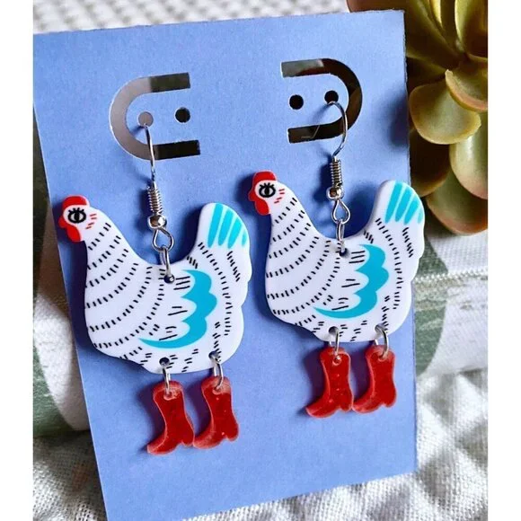New White & Blue Chicken w/ Glitter Red Cowboy Boots Retro 80s Style Earrings - Picture 2 of 6